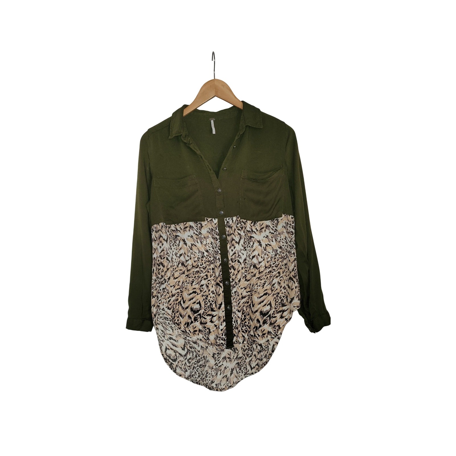 Free People Olive Animal Print Colorblock Blouse S Roll Tab Sleeve Rayon Top